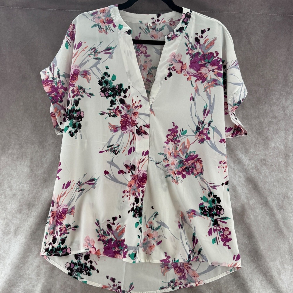Womens Floral V-Neck Short Sleeve High-Low Blouse White Purple Teal Large Summer